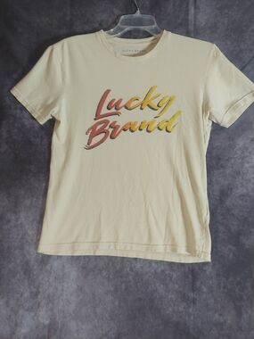 Lucky Brand Men Cream Graphic Tee Shirt Size Small Crew Neck Cotton Vintage Vibe